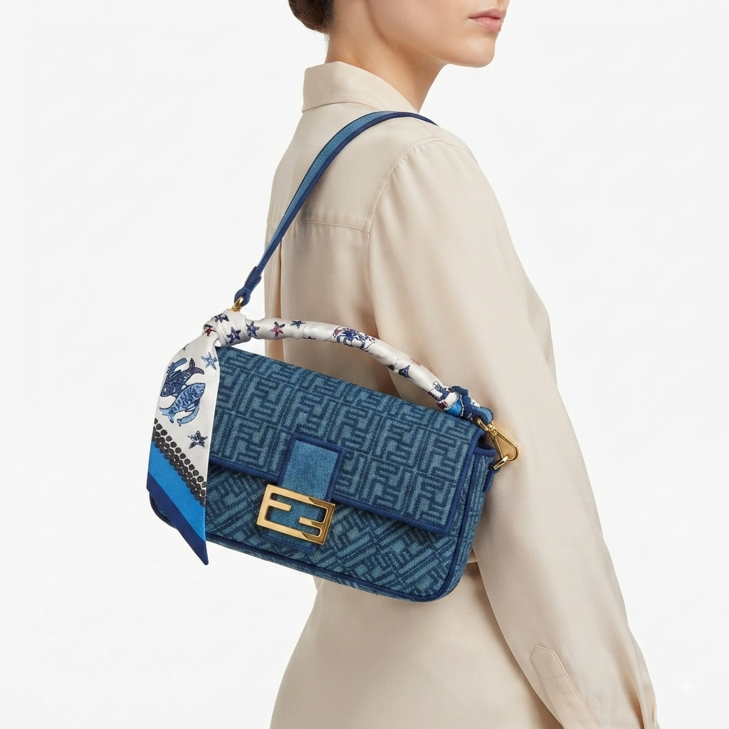 Fendi Denim Baguette Bag with Patterned Scarf Accessory