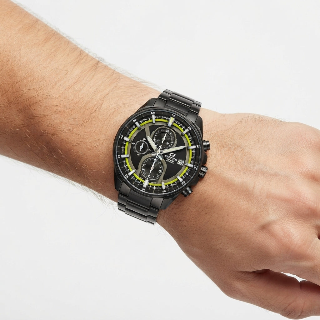Casio Edifice Chronograph with Bold Yellow Accents and Steel Band