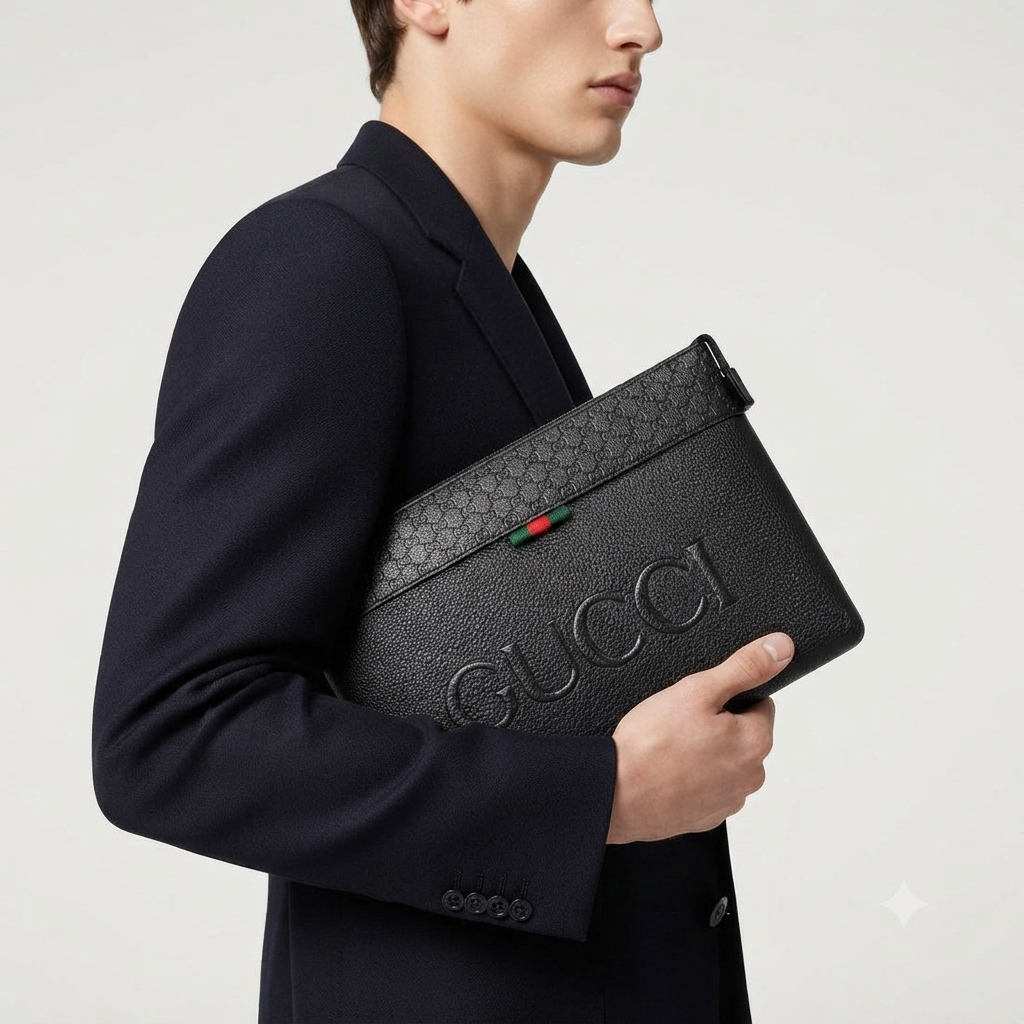 Gucci Embossed Leather Logo Clutch Bag in Black