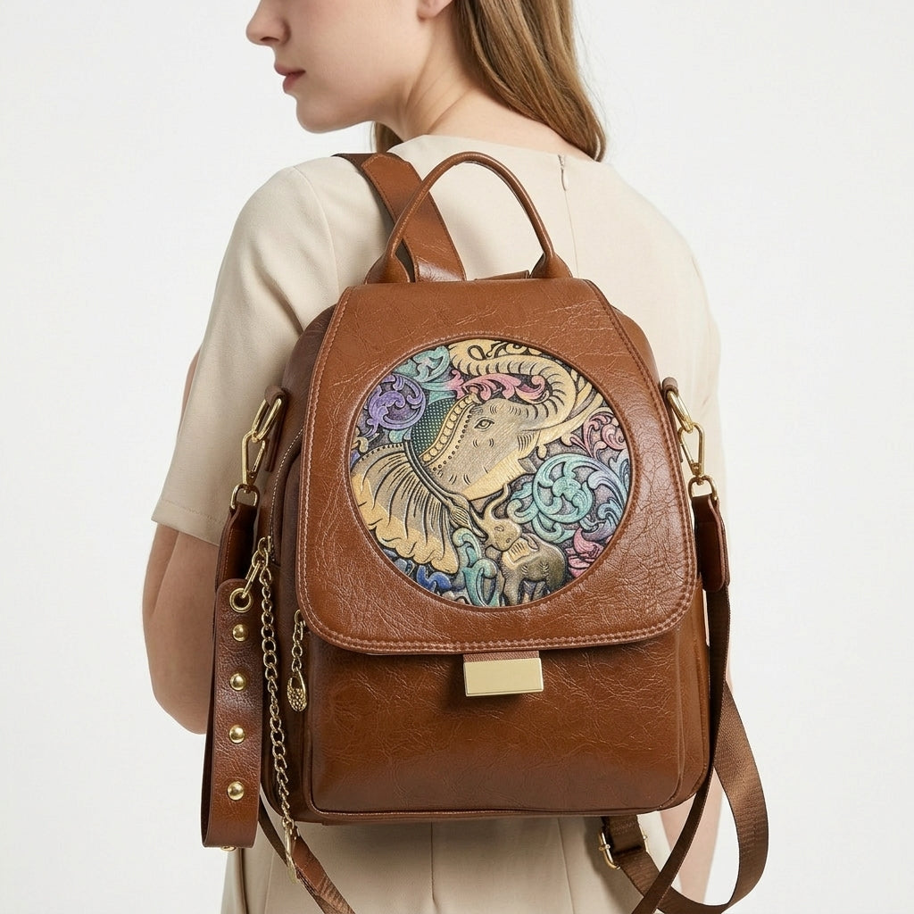 Elephant Embossed Convertible Backpack Bag