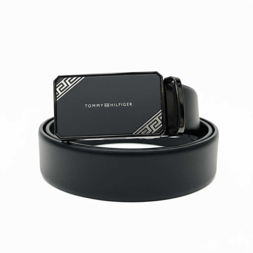 Tommy Hilfiger Black Leather Ratchet Belt with Greek Key Pattern Buckle 🔑⚫✨