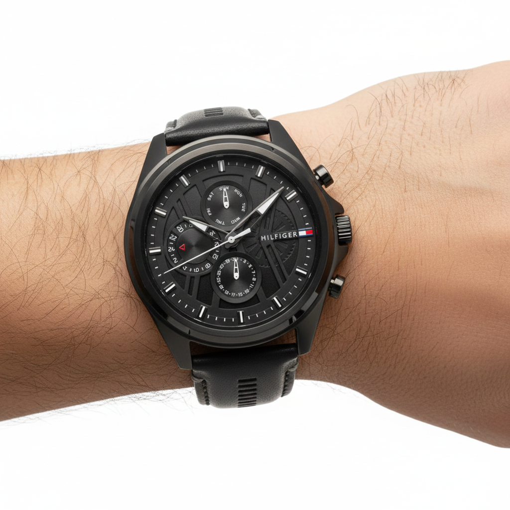 Tommy Hilfiger Multifunction Black Dial Leather Strap Watch ⌚🖤🇺🇸