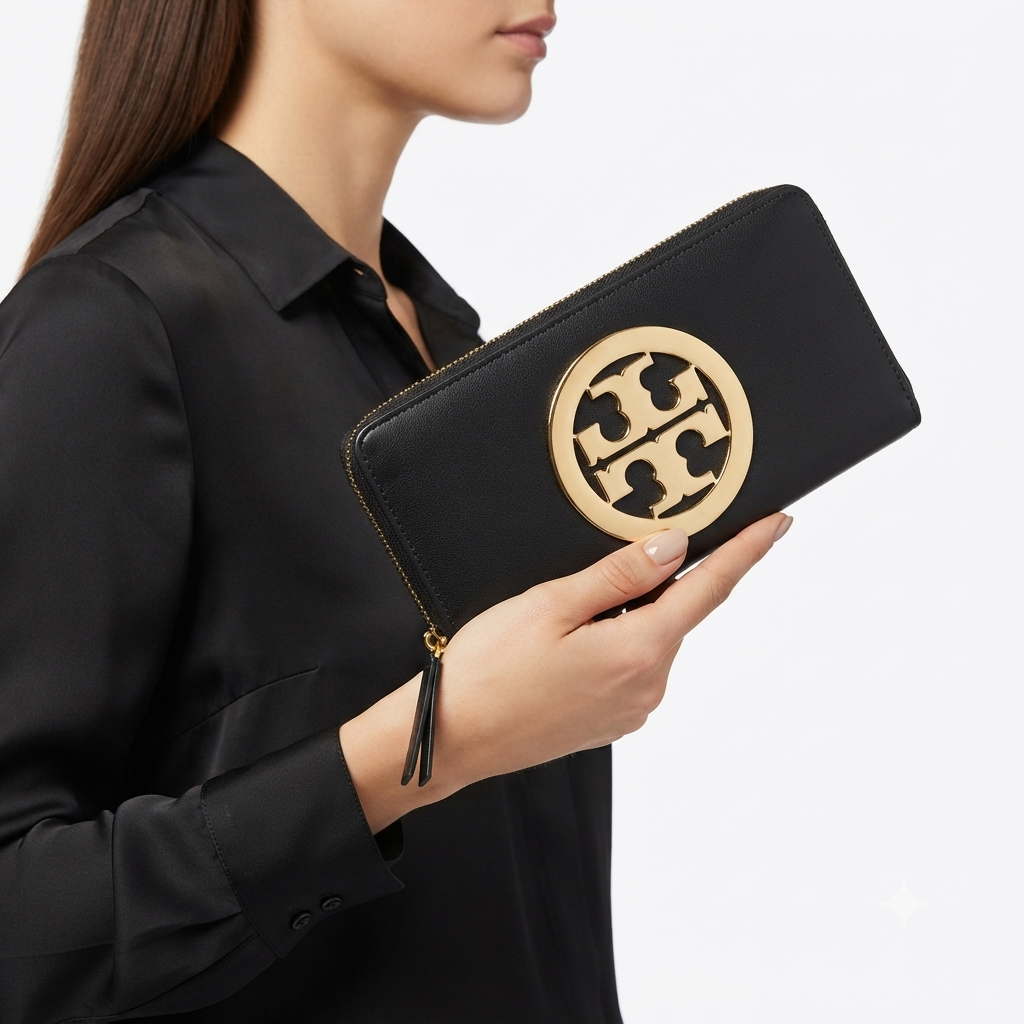 Tory Burch Black Leather Continental Zip Wallet with Gold Logo 🖤✨