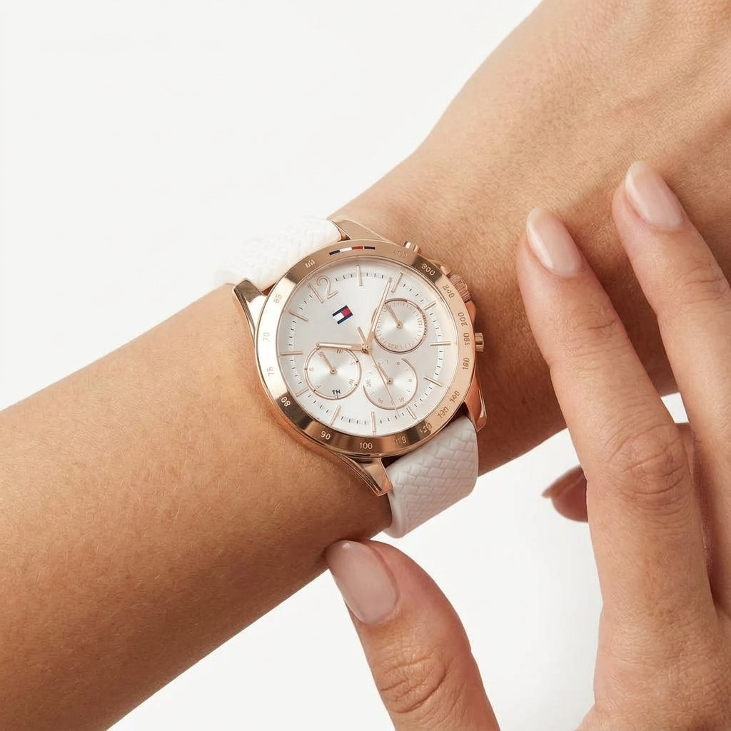 Tommy Hilfiger Rose Gold Tone Multi Function White Silicone Watch