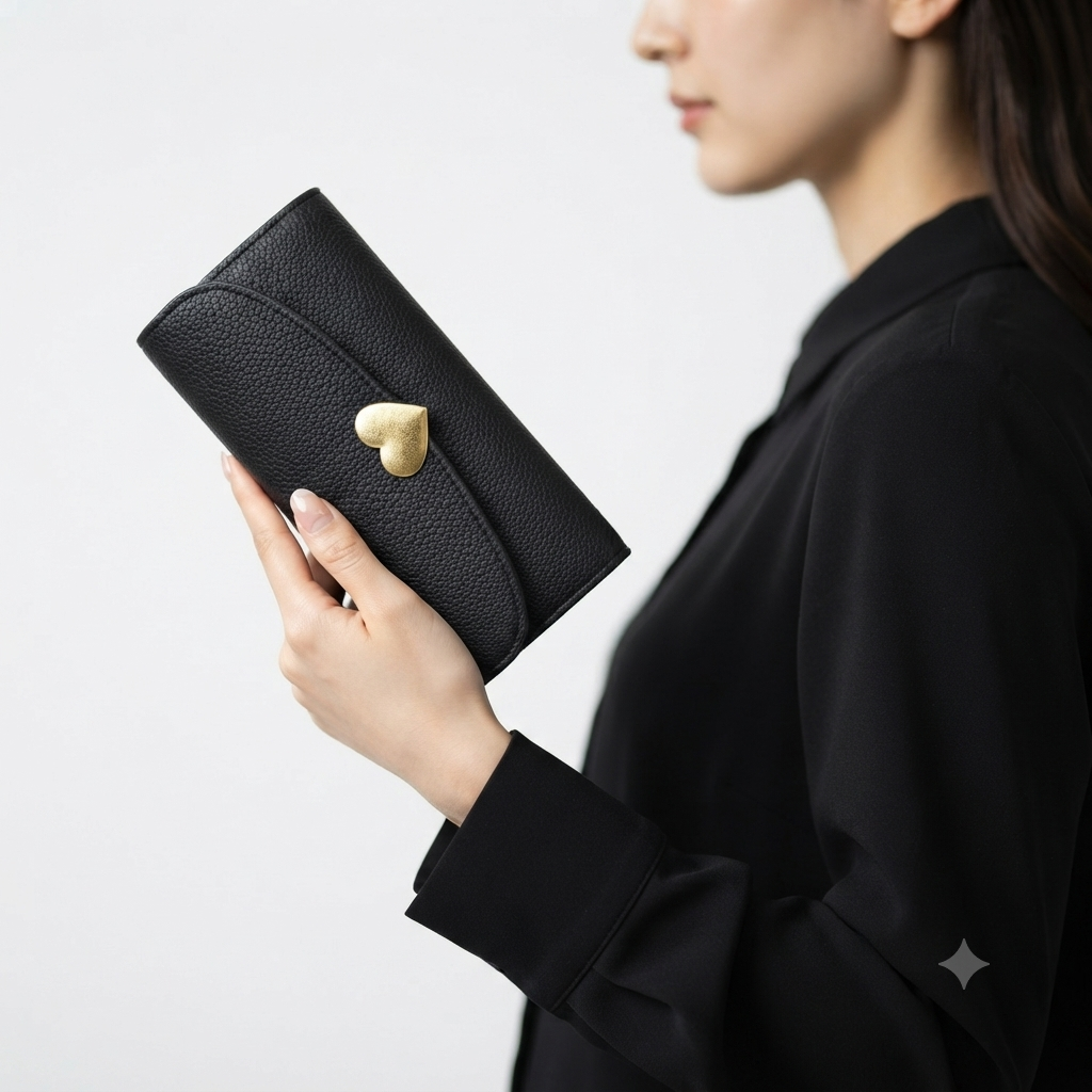 Elegant Heart-Detail Black Wallet & Woven Pouch 3-Piece Gift Set 🖤