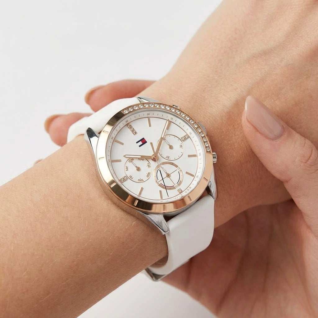 Tommy Hilfiger Crystal Bezel Multi-Function White Strap Watch