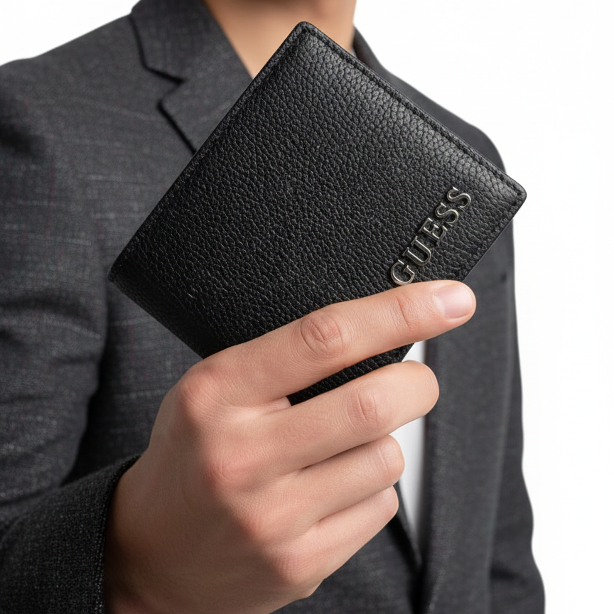 GUESS Black Grained Leather Bifold Wallet 💼🖤✨