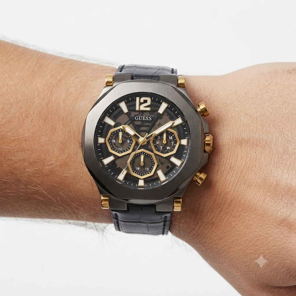 Guess Men's Chronograph Watch in Gunmetal and Gold with Leather