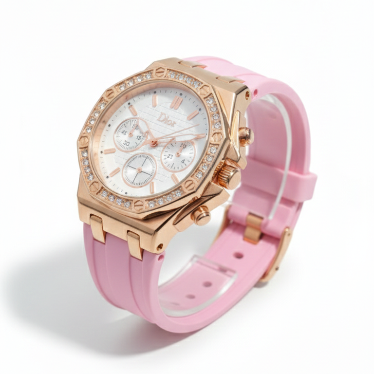 Dior-Style Rose Gold & Pink Silicone Women's Chronograph Watch 💖⌚💎
