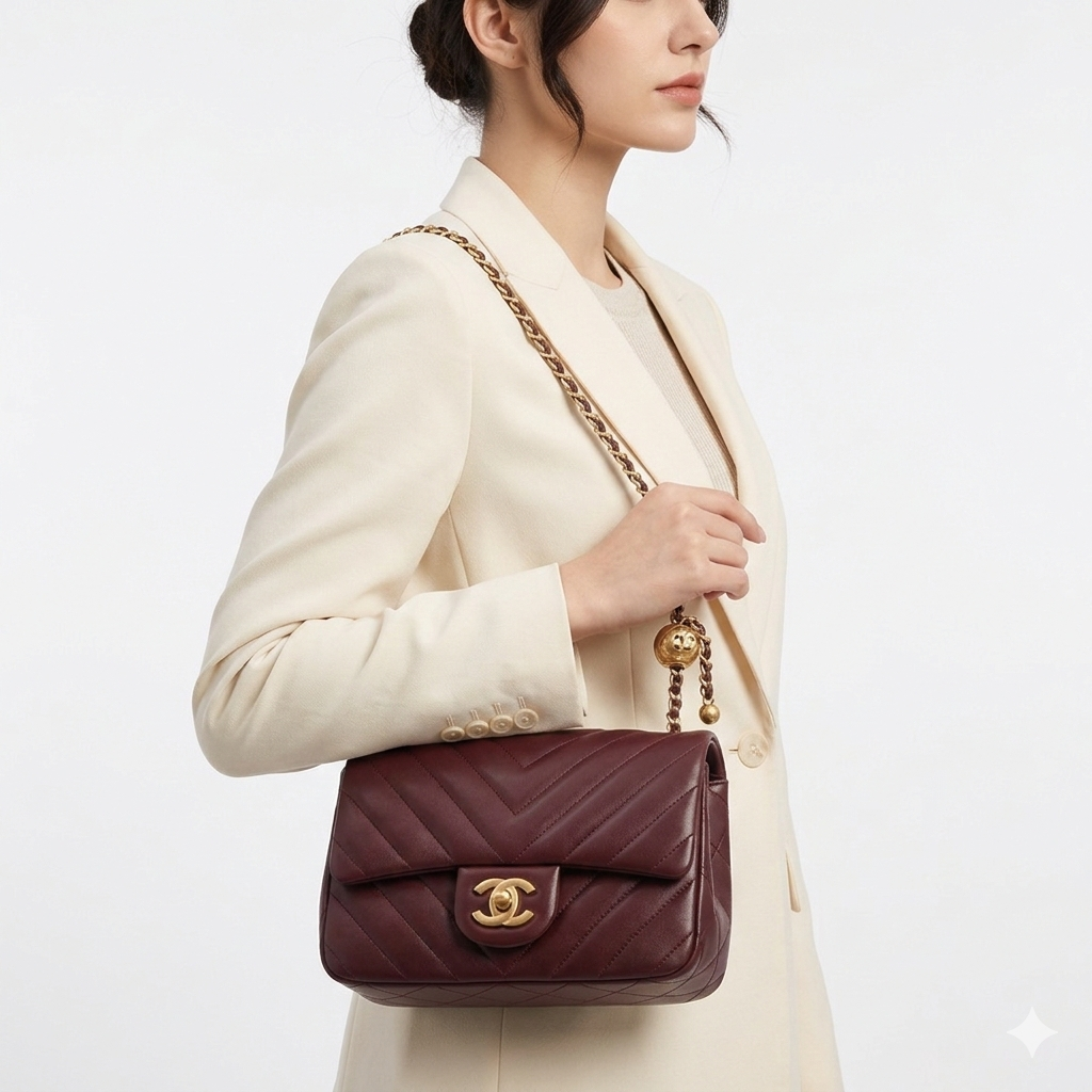 Chanel Chevron Quilted Gold Ball Flap Bag 🍷✨👜