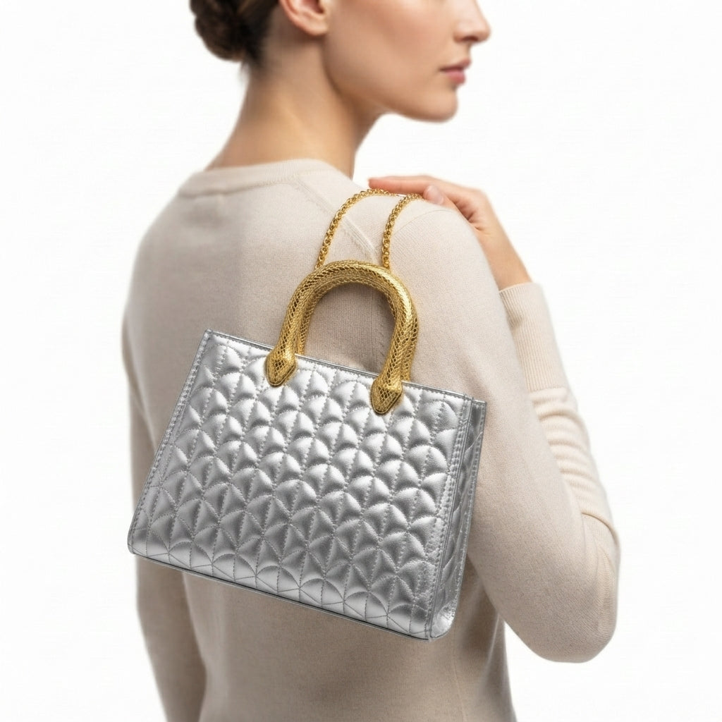 Bvlgari Quilted Silver Handbag with Signature Snake Gold Handle