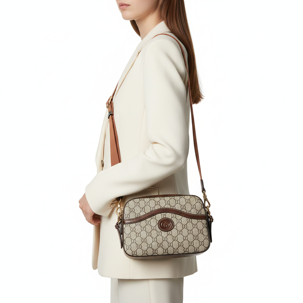 Gucci GG Supreme Canvas Camera Bag with Brown Web Strap 👜🤎✨