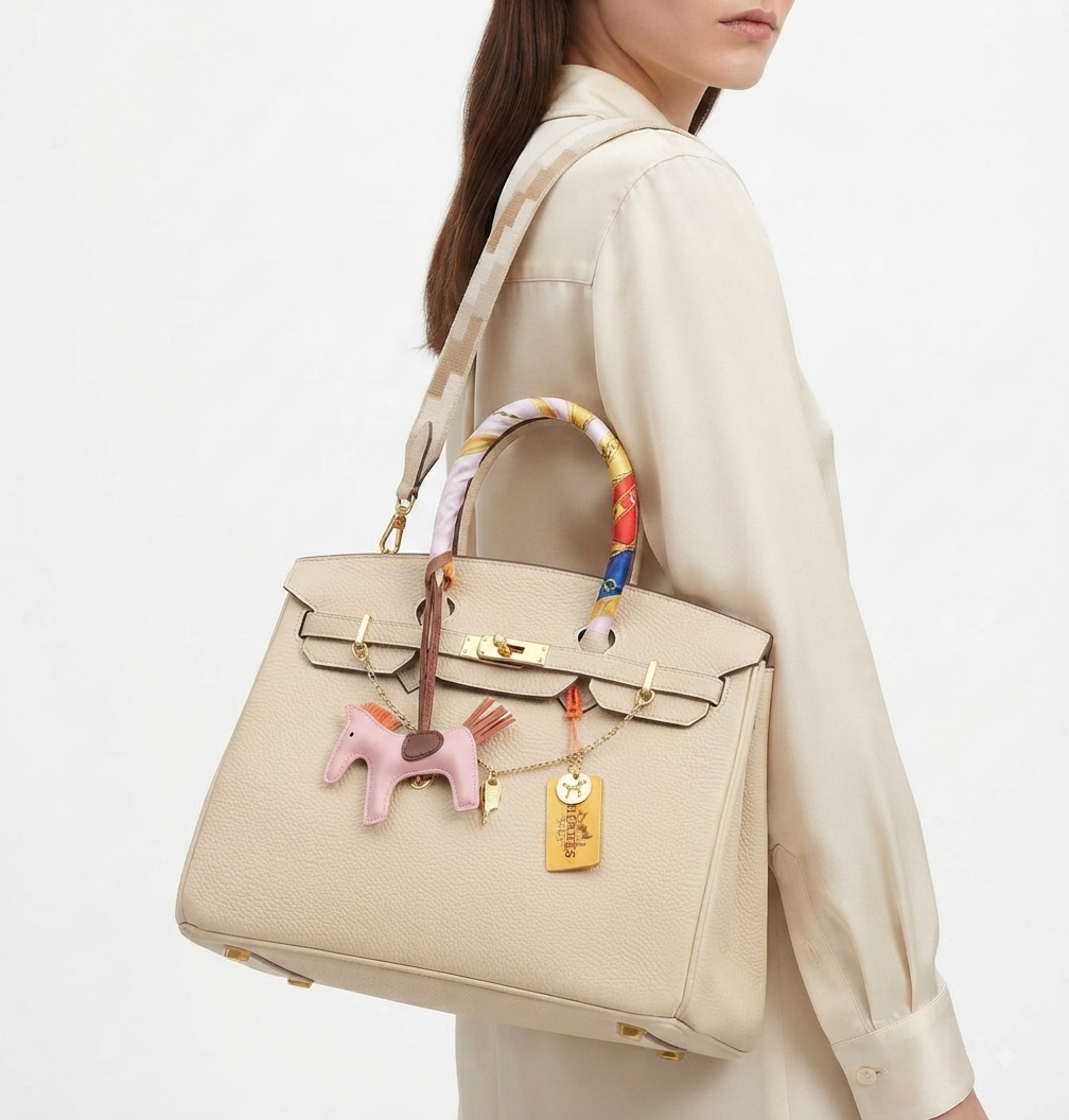 Soft Leather Structured Satchel with Decorative Scarf and Horse Charm