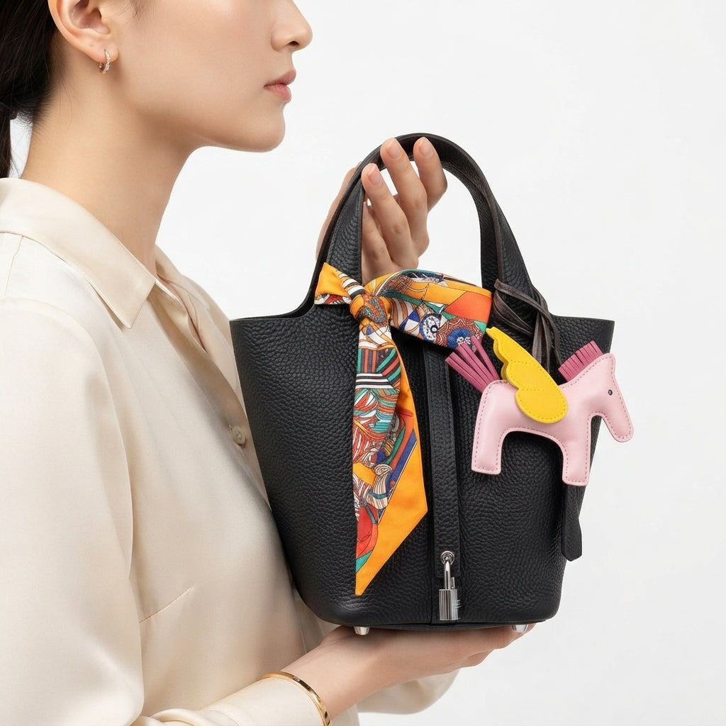 Hermes Black Leather Handbag with Scarf and Horse Charm