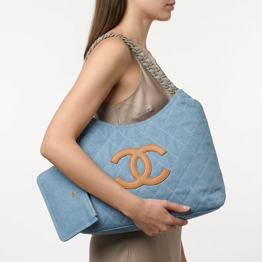 Chanel Gabardine Quilted Tote with Matching Pouch
