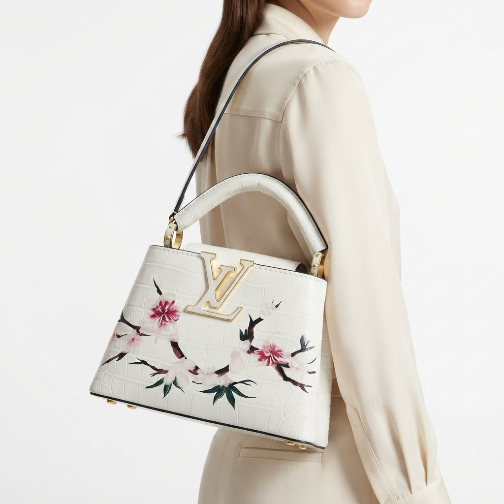 L&V Floral Embossed White Handbag with Gold Hardware
