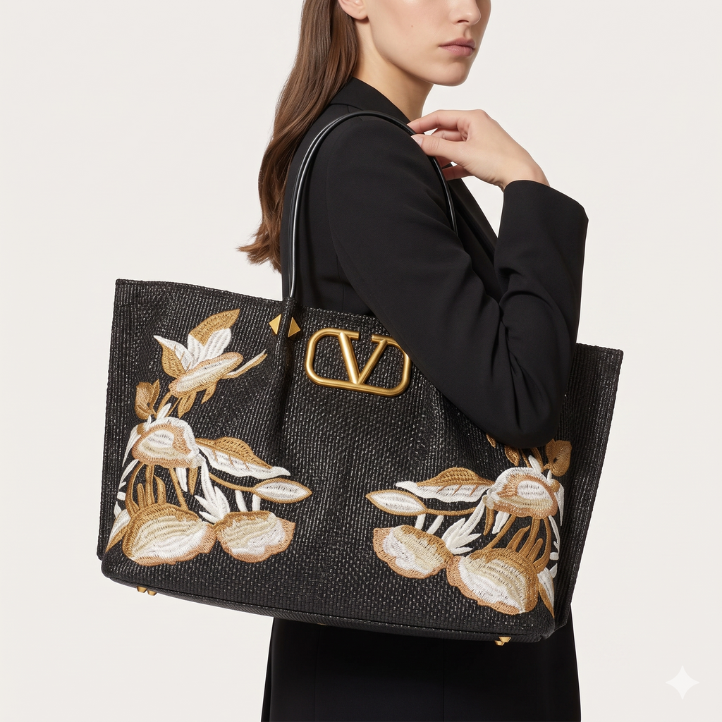 Valentino Floral Embroidered Straw Tote with Gold-Tone Hardware 👜✨