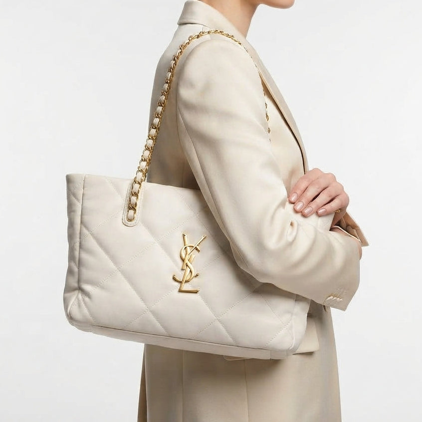 Quilted Chain Shoulder Bag with Gold Logo Detail
