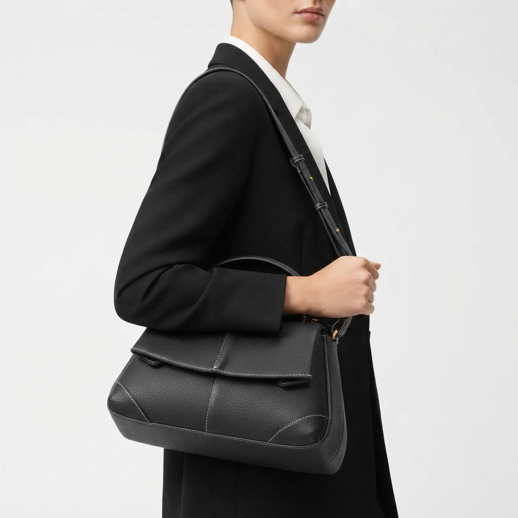 Polene Cyme Mini Leather Handbag with Contrast Stitching