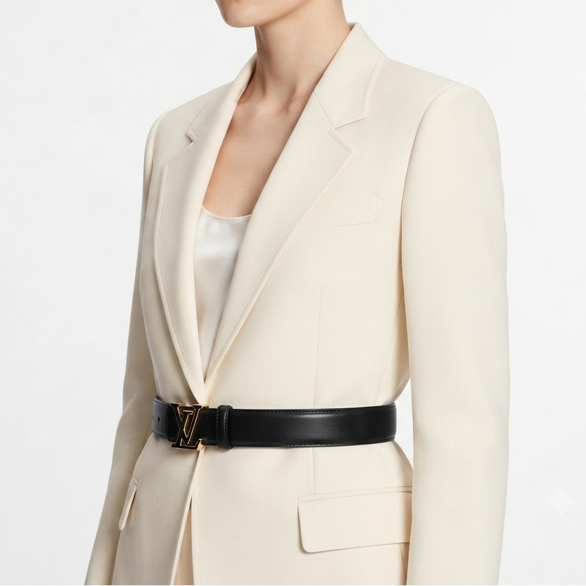 Elegant White Leather Belt with Gold Tone LV Logo Buckle ✨👜