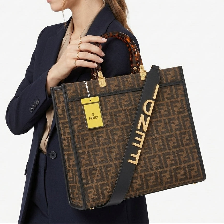 Fendi Monogram Tote with Tortoiseshell Handles and Logo Strap