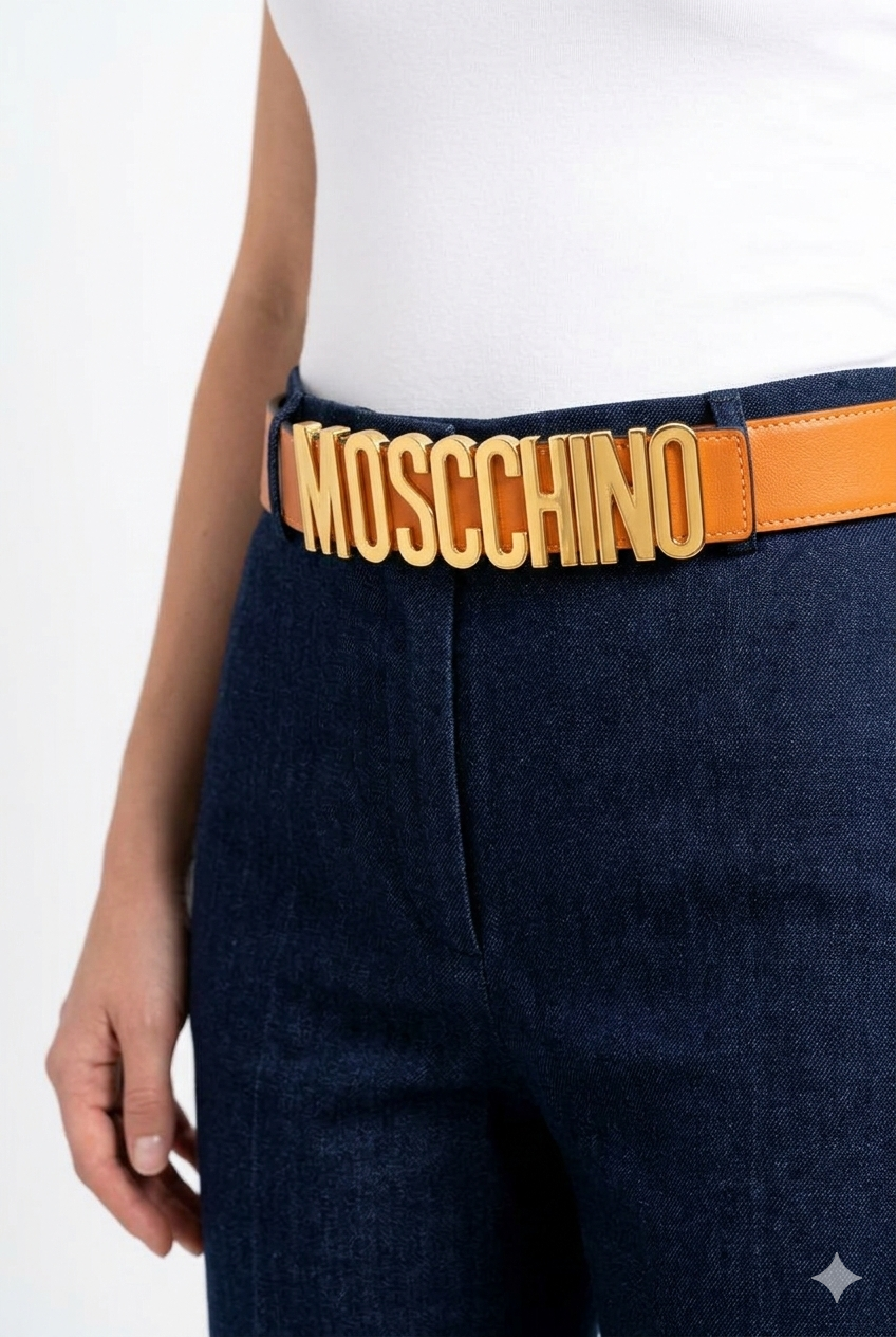 Moschino Logo Lettering Leather Belt in Ochre 🍊✨💼