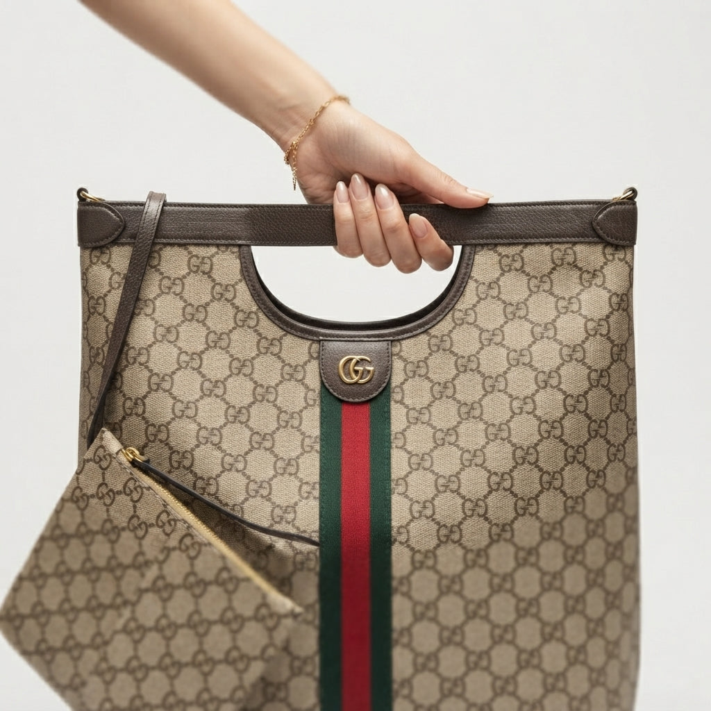 Monogram Pattern Tote Bag with Signature Stripe and Pouch