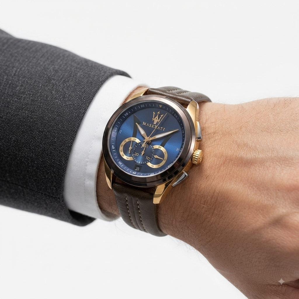 Maserati Traguardo Automatic Watch with Blue Dial and Leather Strap