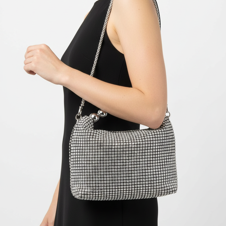 Rhinestone Crystal Mini Bag with Silver and black Bead Handle & Chain Strap 💎✨👜