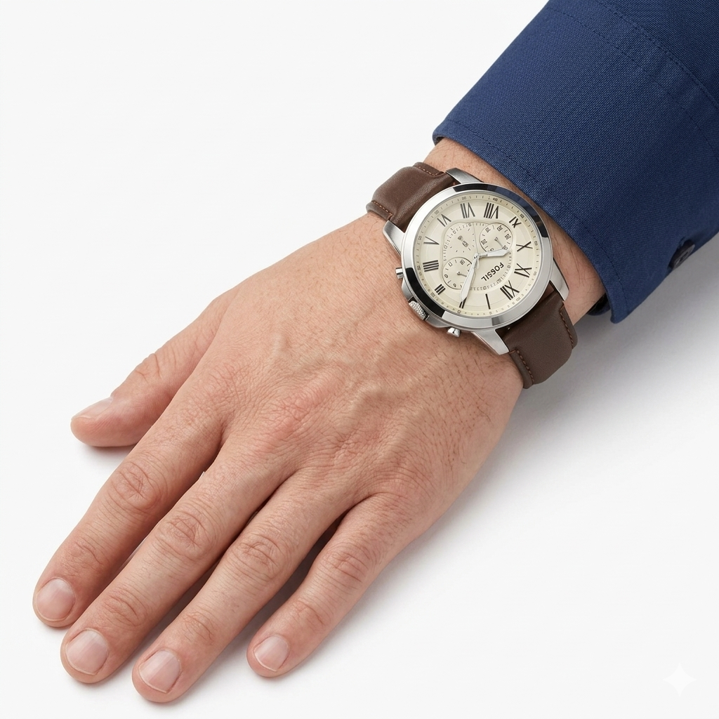 Fossil Brown Leather & Silver Stainless Steel Watch ⌚⏱️