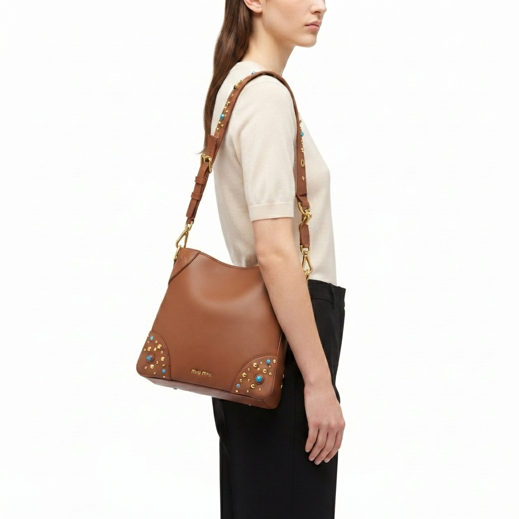 Miu Miu Black Shoulder Bag with Gold Studs and Turquoise Accents