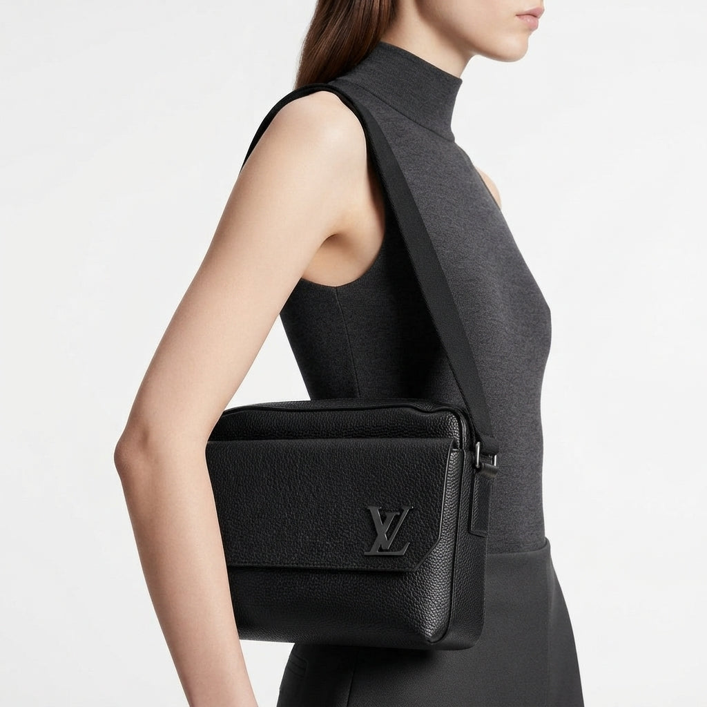Louis Vuitton Black Leather Messenger Bag with Signature LV Hardware