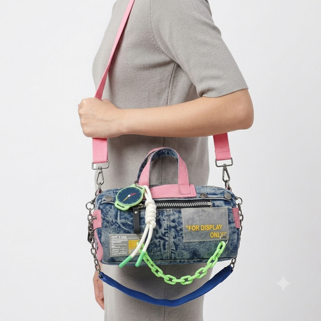 Denim & Leather Casual Handbag with Decorative Watch Pendant 👜✨