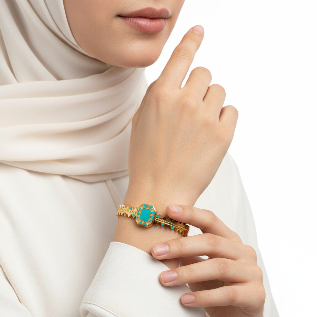 Aztec Inspired Gold Tone Bangle with Turquoise Inlay