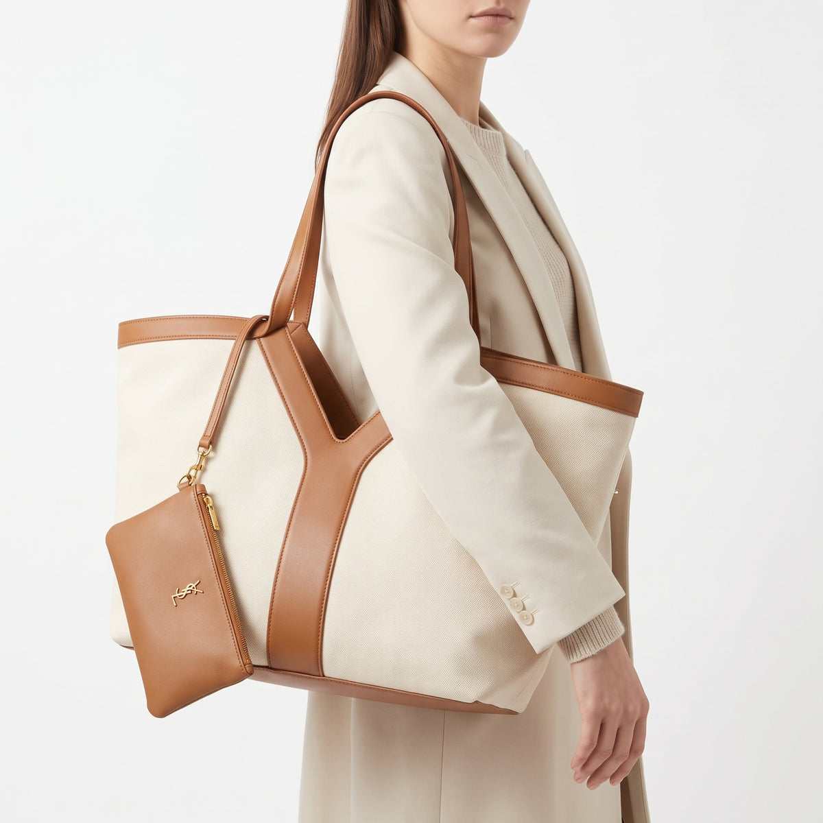 YSL Signature Burgundy Tote Bag with Detachable Pouch