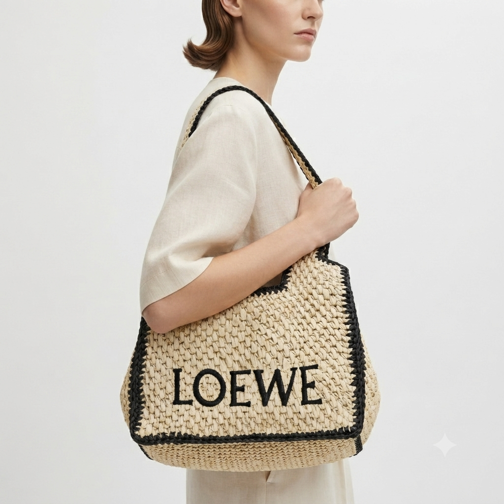 Loewe Woven Straw Tote Bag with Contrast Black Trim