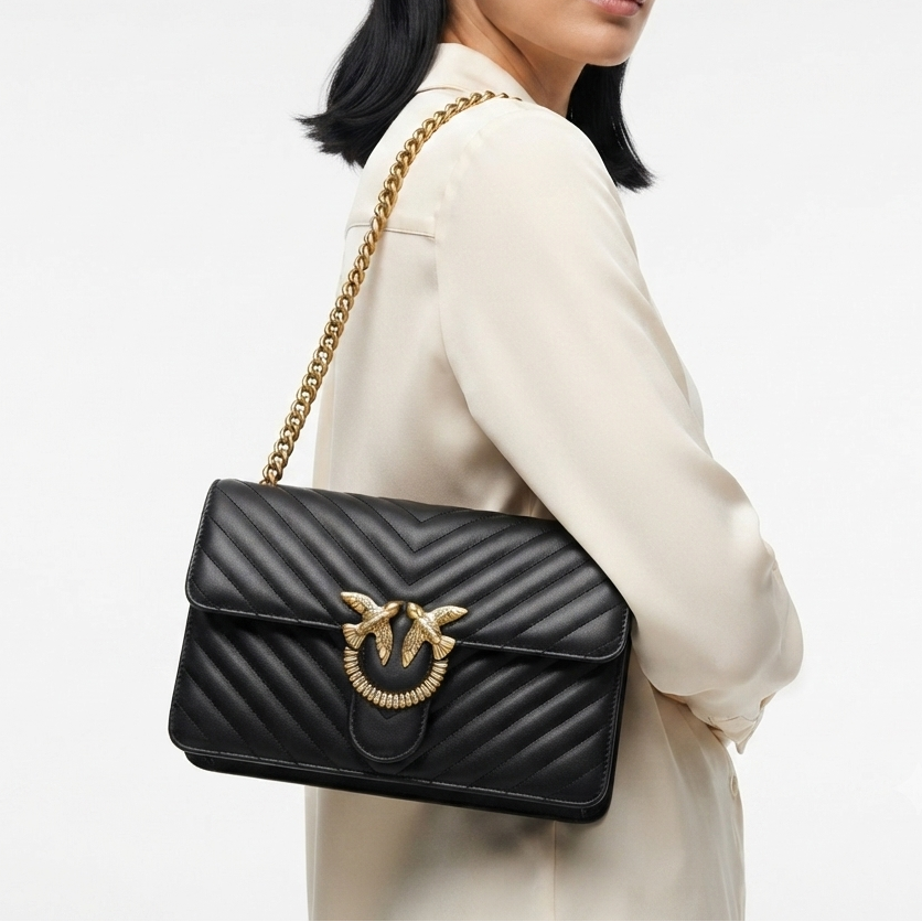 PINKO Quilted Shoulder Bag in Black with Gold Tone Hardware