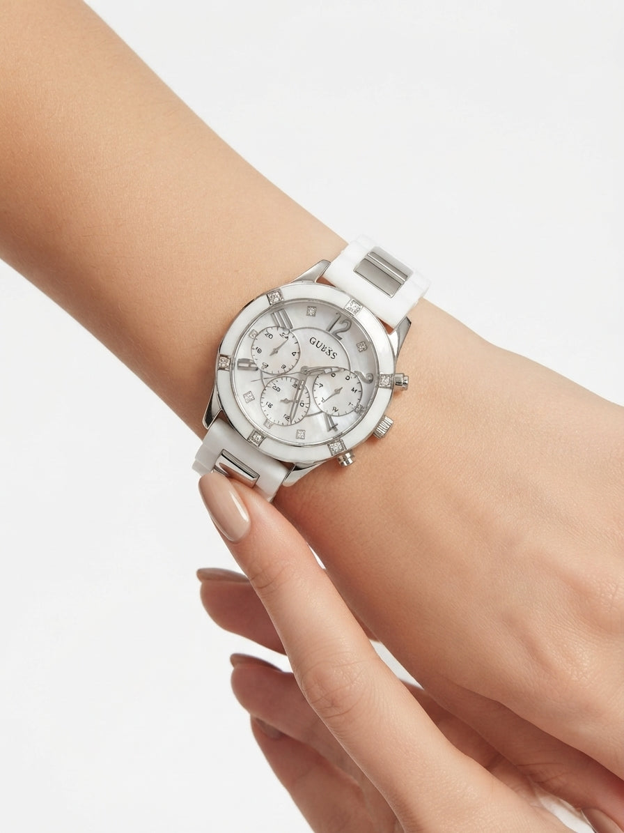 Guess White and Silver Multi-Function Chronograph Style Watch