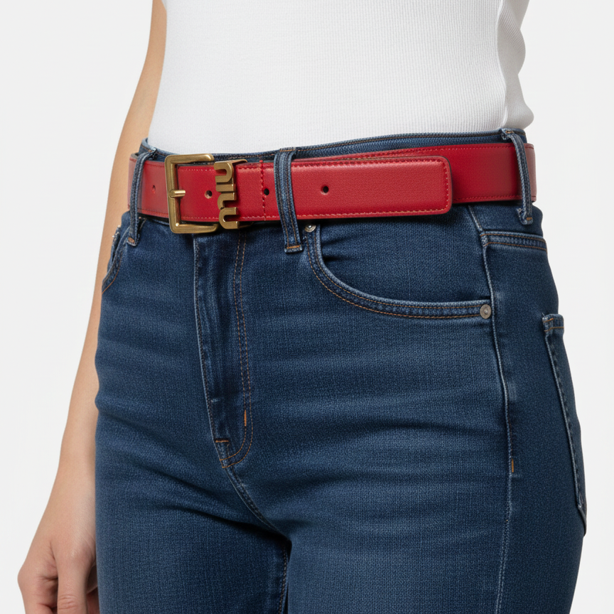 Miu Miu Red Leather Belt with Gold Logo Buckle 🍎✨👠