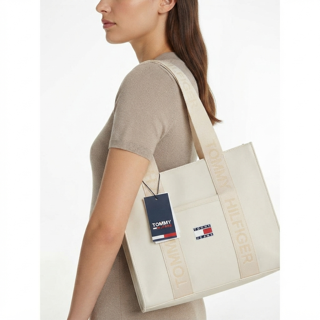 Tommy Hilfiger Jeans Logo Strap Tote Bag in Cream 👜✨