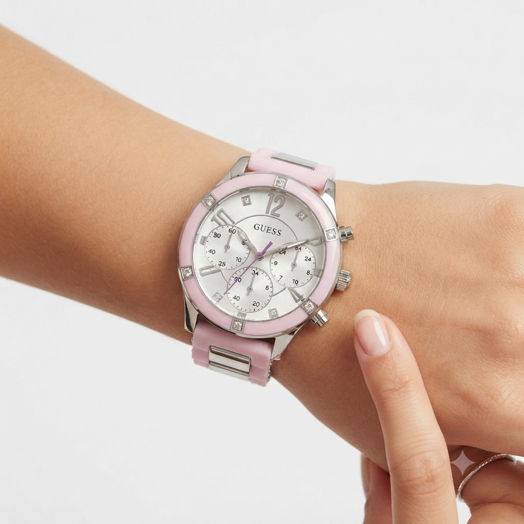 Guess Women's Pink and Silver Tone Multi-Function Watch 🌸⌚
