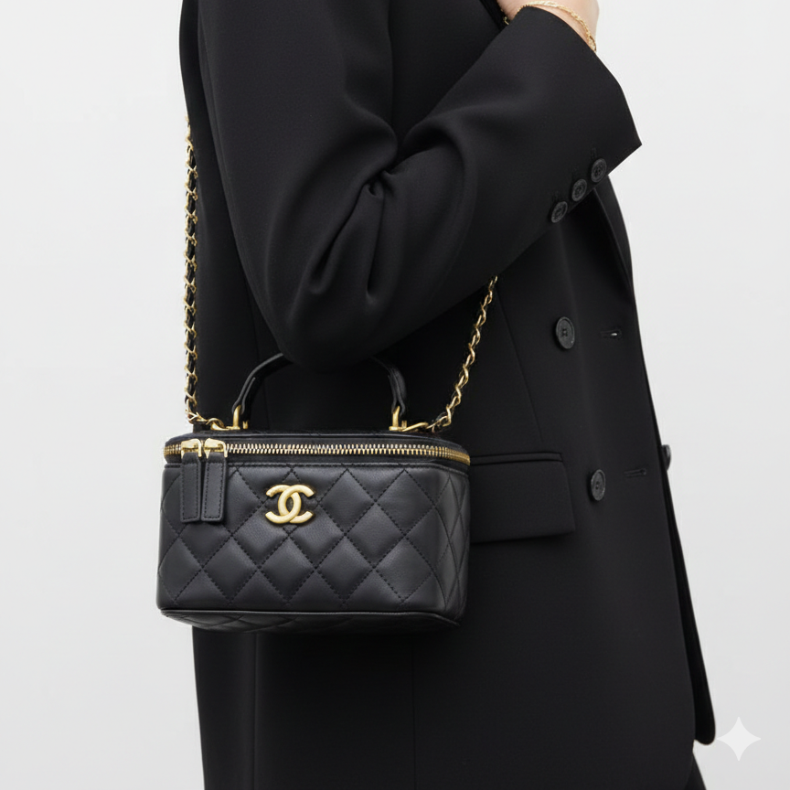 Chanel Quilted Leather Vanity Case with Gold-Tone Hardware ✨👜🖤