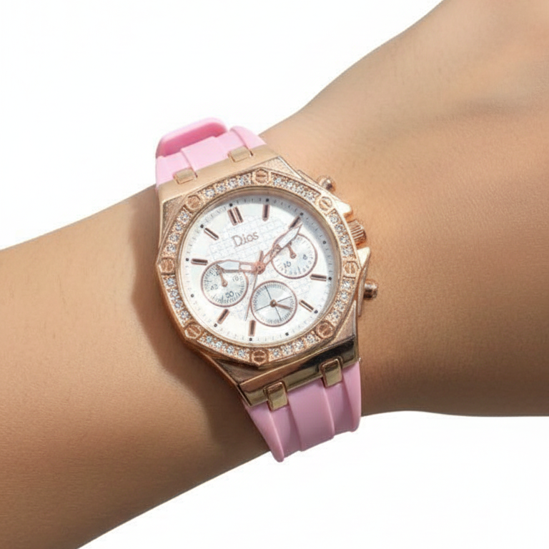 Dior-Style Rose Gold & Pink Silicone Women's Chronograph Watch 💖⌚💎