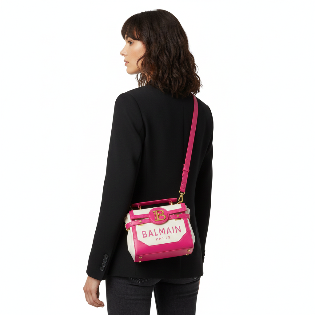 Balmain B-Army Canvas & Leather Shoulder Bag in Fuchsia & Ivory 💖✨👜