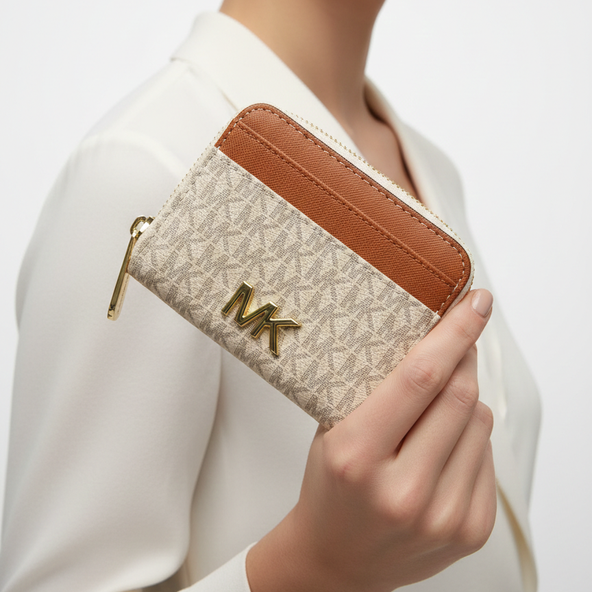 Michael Kors Monogram Small Zip-Around Wallet with Cognac Trim 👜✨🏷️