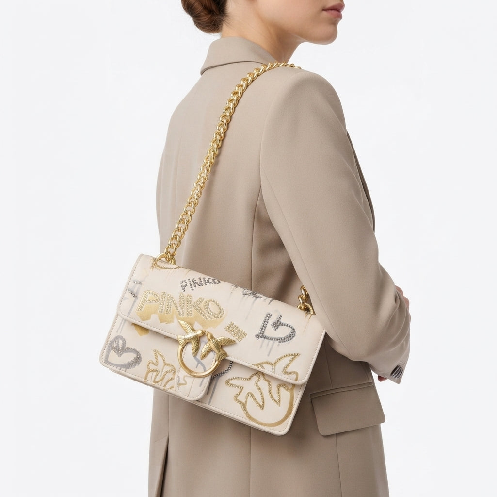 PINKO Graffiti Shoulder Bag with Iconic Bird Logo and Gold Chain
