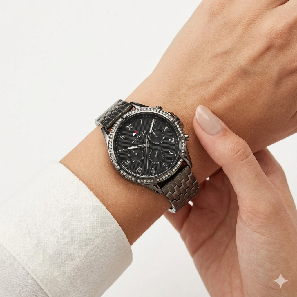 Tommy Hilfiger Black & Silver Crystal Watch 🖤✨