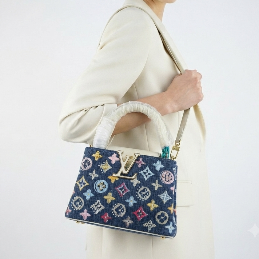 Louis Vuitton Monogram Denim Handbag with Gold Tone Accents