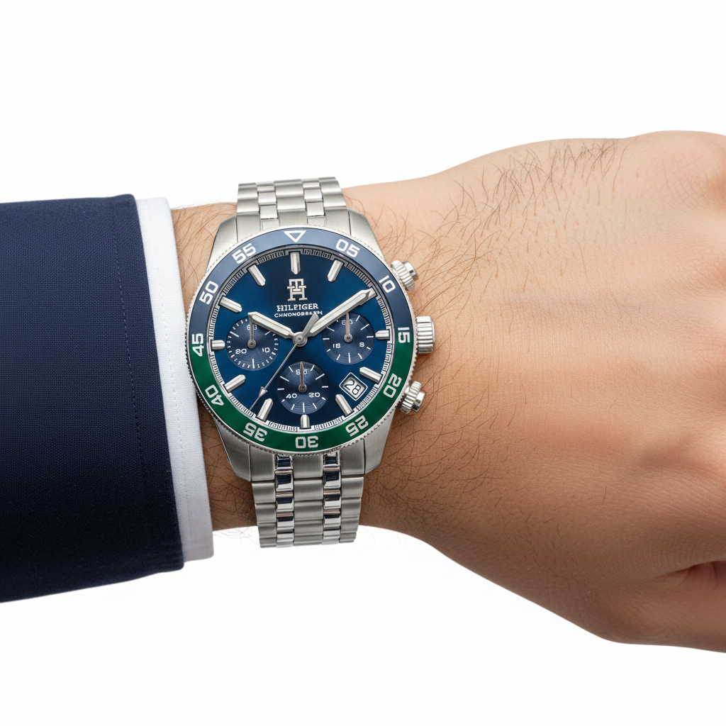 Tommy Hilfiger Men's Chronograph Blue Dial Silver Dive Watch ⚓️🔵🟢