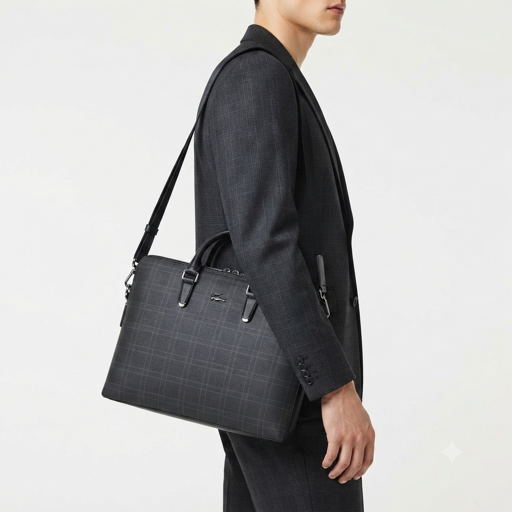 Lacoste Plaid Laptop Briefcase in Black and Grey